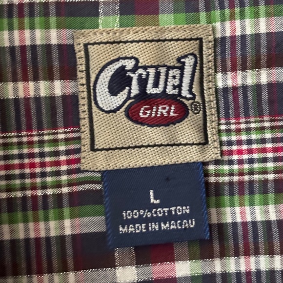 Cruel Girl Blue Green Red Plaid Button Down Long Sleeve Shirt Women's Size L - Picture 10 of 11